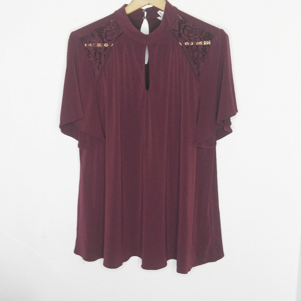 London Times. Flutter sleeve crepe knit blouse